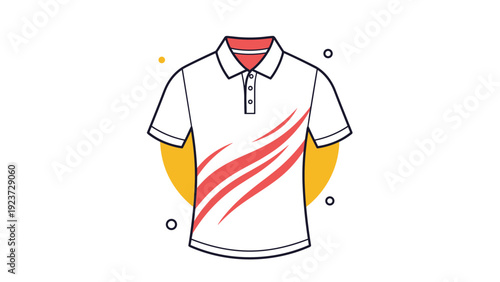 Stylish white polo shirt featuring a dynamic red graphic design, ideal for casual wear or sports, set against a yellow circle background.