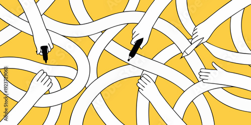 Numerous hands reaching and interacting with white lines on a yellow background