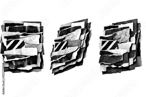 Halftone poster collage paper layers A set of overlapping paper layers treated as a single collage object shown in front view, angled view,