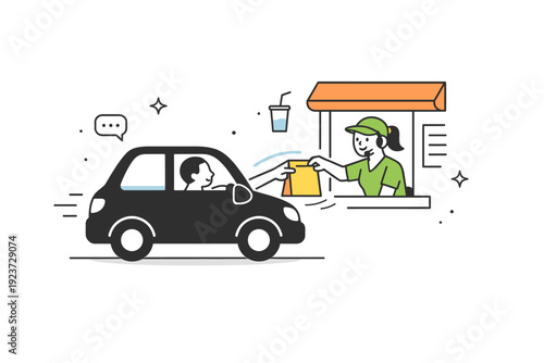 Drive-thru service. A car at the window receiving an order from a smiling staff member, abstract motion lines indicating interaction and fast