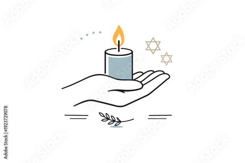 Shoah memorial symbolism. A hand holding a candle with subtle lines suggesting remembrance and reflection. Soft, respectful editorial metaphor with calm