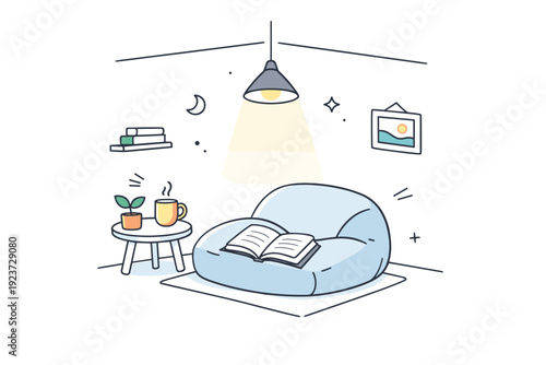 Corners of rooms. Reading nook in the corner with floor cushion, open book, and gentle light from above. A cozy spot for pause and presence. Minimalist flat