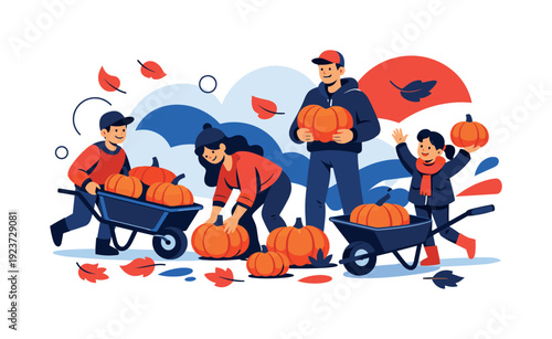 Pumpkin patch fun. Visitors choosing pumpkins in a field, wheelbarrows and leaves adding