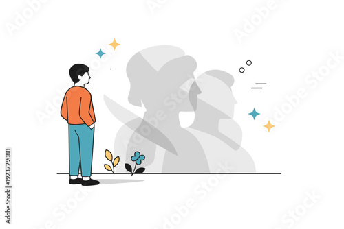 Shadows on walls concept. A person standing near a wall where soft shadows stretch and overlap, creating abstract shapes. Quiet mood and