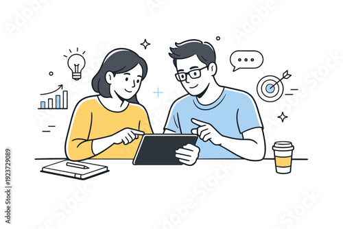 Startup pitch deck visuals. Two founders reviewing slides together on a laptop or tablet. Collaboration, alignment, and focused discussion in an early-stage