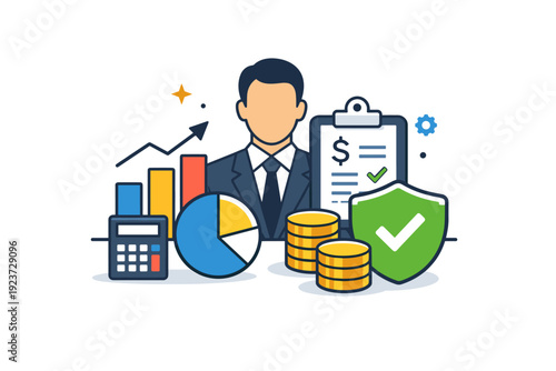 Financial Leadership Icon. Leadership budget control confident management of organizational finances represented by clean charts and protective visual cues,