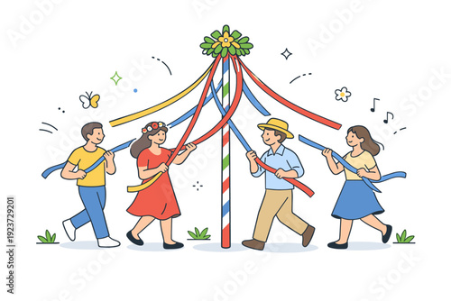 May Day celebrations. A calm editorial scene with people holding ribbons around a maypole, expressing tradition, joy, and seasonal renewal.