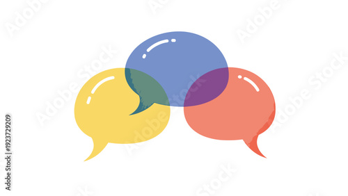 Three overlapping, translucent speech bubbles in distinct colors, symbolizing communication, dialogue, discussion, and diverse perspectives.