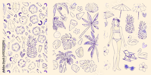 Hand drawn tropical doodles featuring beach items and botanical elements