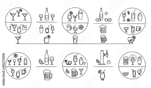 Minimal outline drink and alcohol line icon set with wine, beer, and cocktails isolated on transparent background