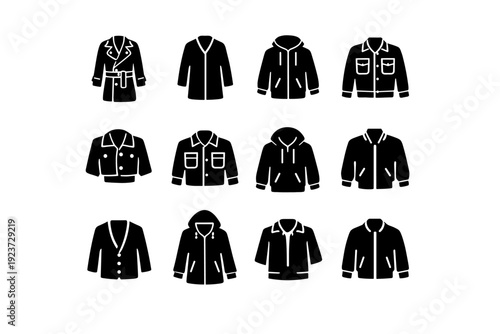 Spring Outerwear. Solid icon set of spring outerwear: trench coat, lightweight coat, windbreaker jacket, denim jacket, cropped jacket,