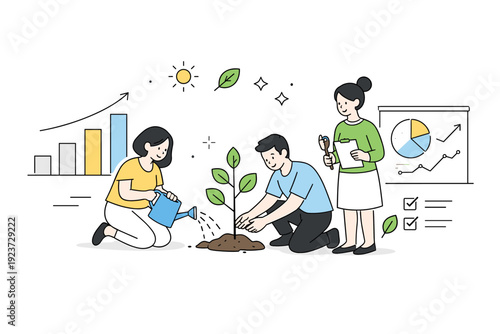 Sustainable business growth. A clean editorial scene of abstract people nurturing a small tree next to simple charts, symbolizing