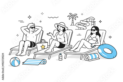 Water parks fun scenes. Friends resting on poolside loungers, towels and floaties nearby, casual conversation. Slower pause between