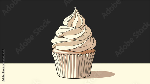 Perfectly baked cupcake topped with a generous swirl of creamy frosting, presented on a table against a sophisticated dark background.