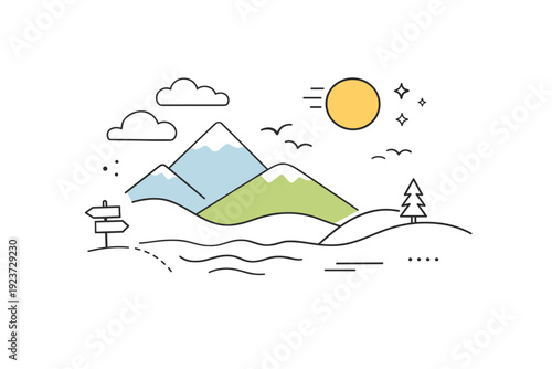 Travel editorial backdrop. Minimal abstract shapes suggesting mountains, clouds, and sun, creating a calm scenic environment for editorial