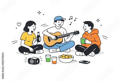 Everyday cultural life. A small group gathers in a recognizable social moment, expressing shared customs through posture and objects.