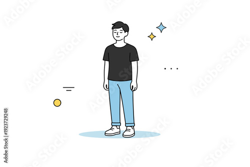 Standing still moments. A person stands alone in an open space, body relaxed, eyes unfocused, simply being. The scene captures stillness,