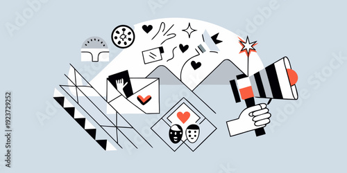 Abstract illustration depicting elements of film theater and performance art