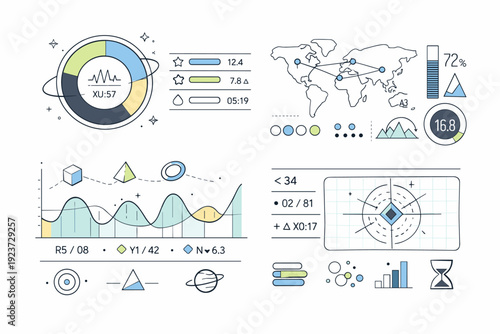 Speculative design assets. Minimal dashboards and artifacts showing hypothetical indicators, unknown metrics, and symbolic data. Calm modern composition