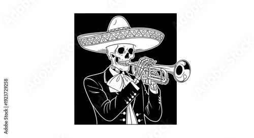 Skeleton mariachi playing trumpet: monochrome day of the dead celebration