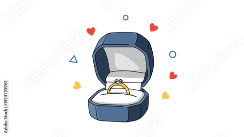Open ring box revealing a sparkling diamond engagement ring, surrounded by hearts and abstract shapes, symbolizing love and proposal.