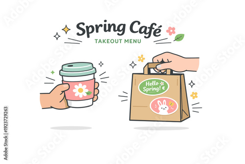 Spring cafe takeout menu. A person picks up a pastel-colored coffee cup and a kraft paper bag with seasonal labels, abstract stars and motion lines