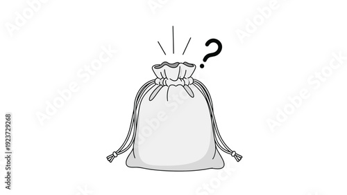 Simple drawstring pouch with a question mark floating above it, symbolizing mystery, surprise, hidden contents, or unknown possibilities.