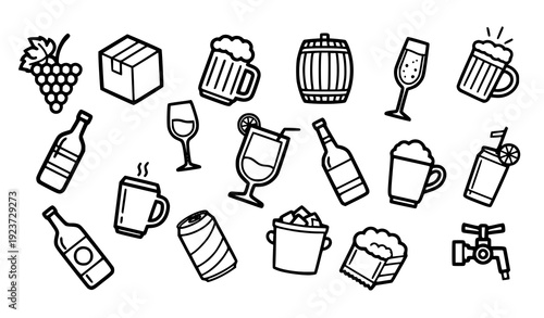 Decorative beverage and alcohol line icon collection with wine, beer, cocktails, and spirits isolated on transparent background