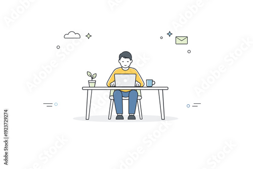 Minimalist Workspace Focused. Personal space minimalism. Person working at a desk with generous empty space around, focused and undisturbed. Visual clarity and