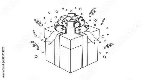 Beautifully wrapped gift box adorned with a decorative bow and surrounded by festive confetti, presented in a clean line art style.