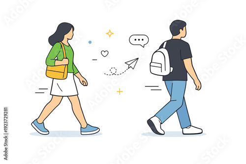 People entering or exiting frame. Two people cross paths, each partially cropped by opposite edges of the frame. Fleeting connection and