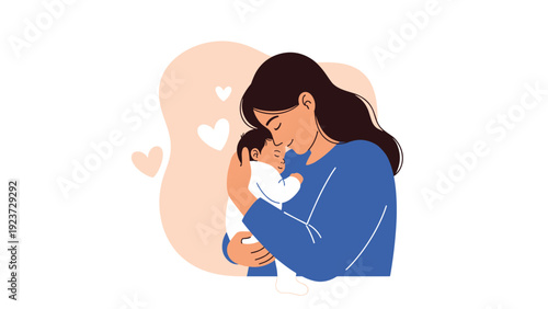 Tender moment of a loving mother cradling her newborn baby, surrounded by gentle heart shapes, symbolizing maternal love and bonding.