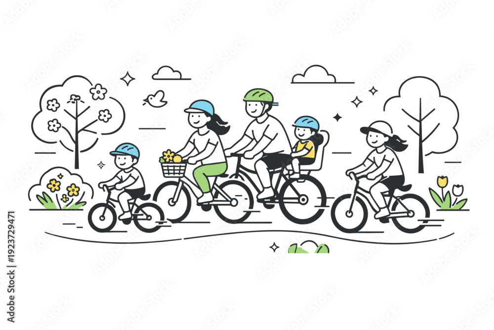 Obraz premium Spring holiday family bike rides ? cycling along a park path. A relaxed scene with family members riding bikes along a smooth park trail,