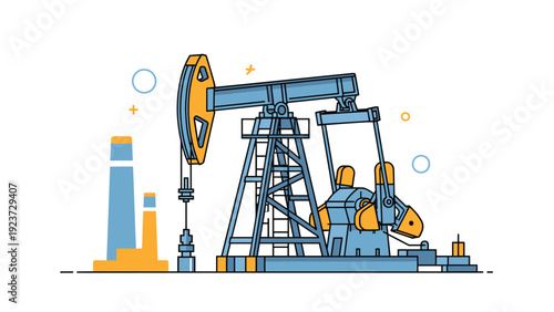 Industrial oil pumpjack diligently extracting crude oil, with factories in the background, symbolizing energy production and resource extraction.