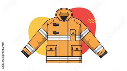 Bright orange firefighter's jacket with reflective stripes and pockets, symbolizing safety, emergency services, and protective gear.