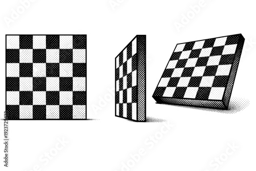 Geometric Halftone Views. Geometric chequered halftone board object shown in three views including front view, side view, and angled view highlighting grid