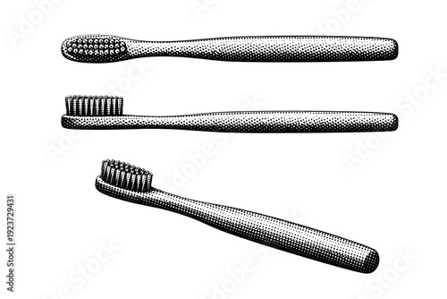 Sustainable product bamboo toothbrush with bristles shown as a single object in top view, side view, and three-quarter angled view. Black and white dot style