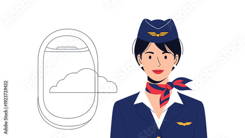 Smiling flight attendant in uniform standing next to an airplane window outline showing clouds, symbolizing air travel and customer service.