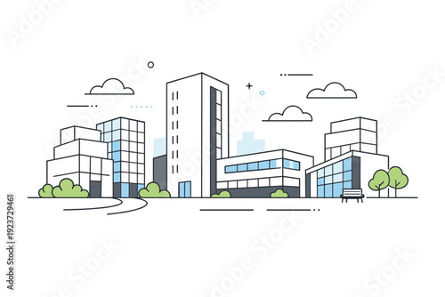 Modern buildings cityscape. Clean contemporary buildings with simple geometric facades, calm urban atmosphere and open space around. The