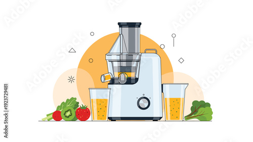 Modern juicer extracting fresh, vibrant juice from a colorful array of fruits and vegetables, promoting healthy eating and wellness.