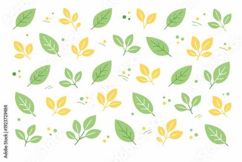 Minimal spring leaf pattern. Repeating flat leaf shapes arranged with generous spacing, creating a clean decorative composition. Soft
