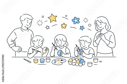Children painting spring eggs. Kids sitting around a table with brushes and bright colors, parents smiling nearby, abstract floating stars