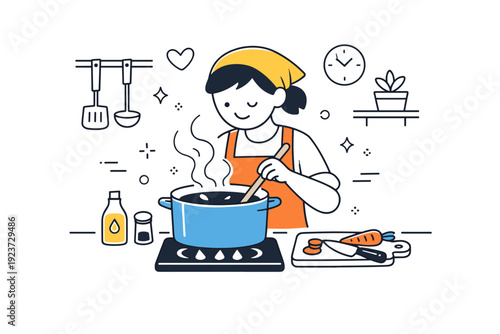 Home cooking from scratch. Cooking at the stove with a pot gently simmering, steam rising slowly, attentive stirring and patience, cozy