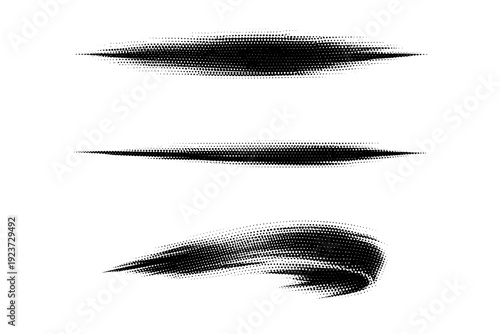 Black and white halftone ink brush swatch An ink-style brush swatch with tapered ends and fluid motion presented in front view, side view,