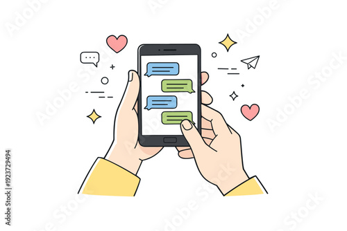 Smartphone messaging. A person holding a phone with visible chat bubbles, abstract hearts and stars floating around, calm and focused mood.
