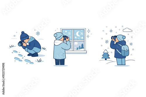 Capturing winter moments for fun. A person photographing footprints, frosted windows, or falling snow. Curiosity, texture, and simple