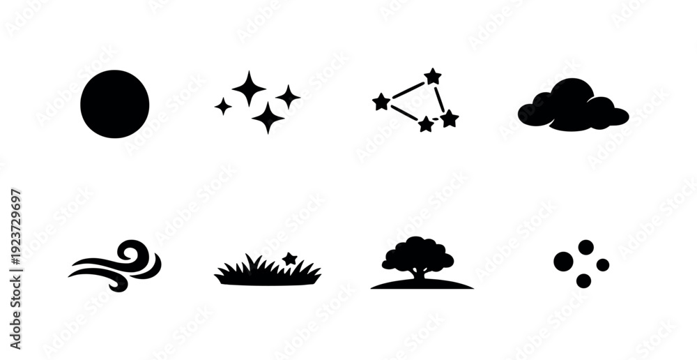 Fototapeta premium Summer night sky mood. Filled icon set of Summer night sky mood: full moon, twinkling stars,