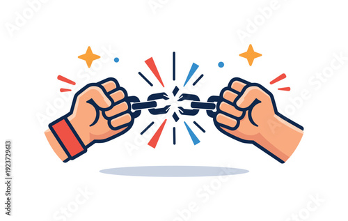 Two hands pulling apart a breaking chain with colorful bursts and stars symbolizing freedom