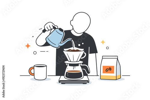Pour-over coffee preparation. A minimal figure carefully pours hot water over a coffee dripper, focusing on the brewing process. The scene highlights