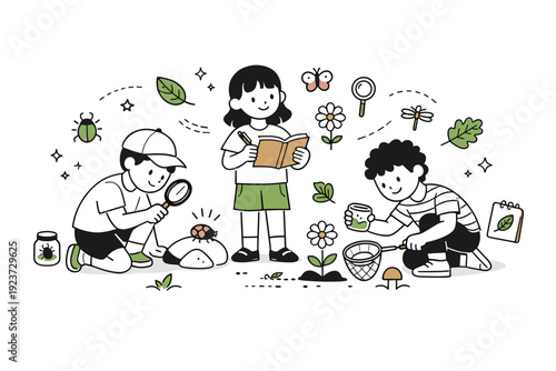 Garden scavenger hunt. Children searching for insects, leaves, and flowers with small tools and notebooks, playful and focused mood. Friendly